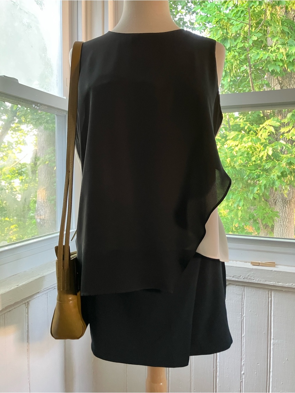 Vince Camuto Cream and Black Layered Asymmetrical Blouse